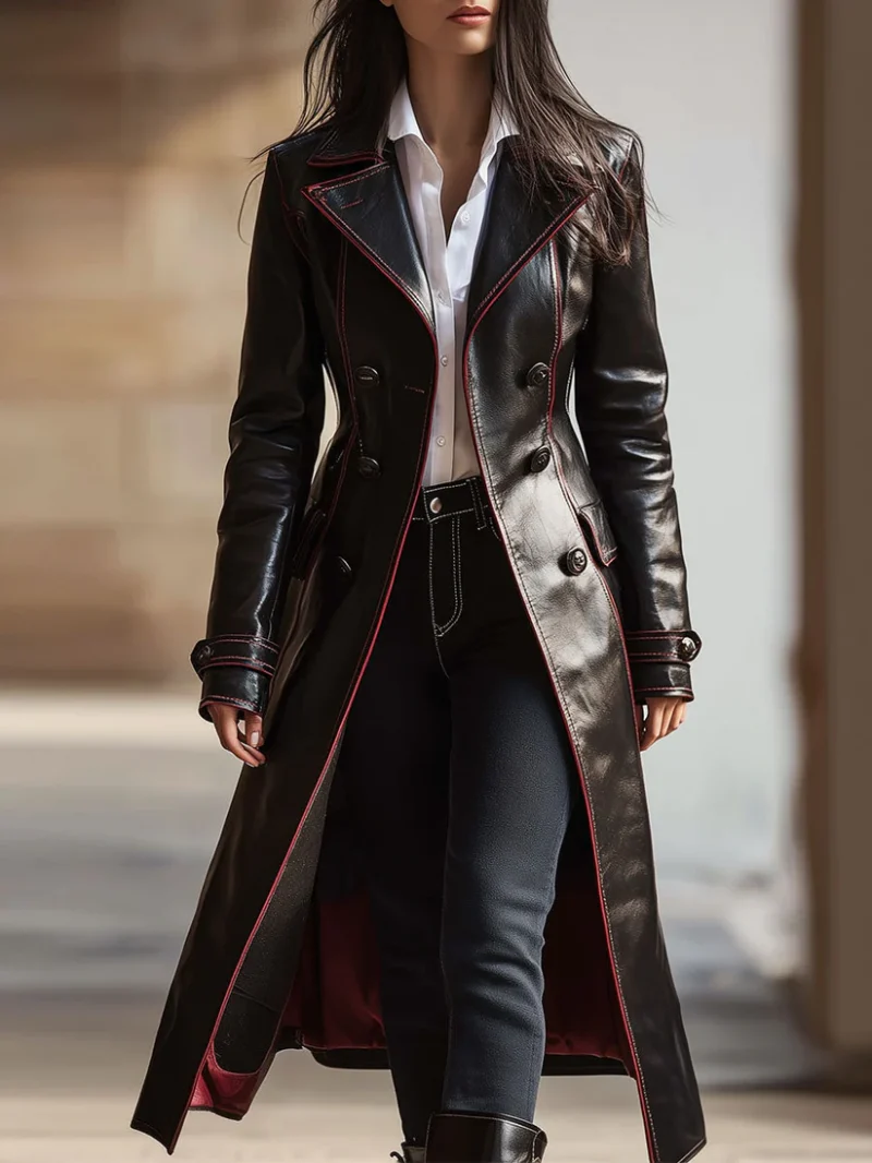 Retro Faux-PU Lapel Double-breasted Long Coat