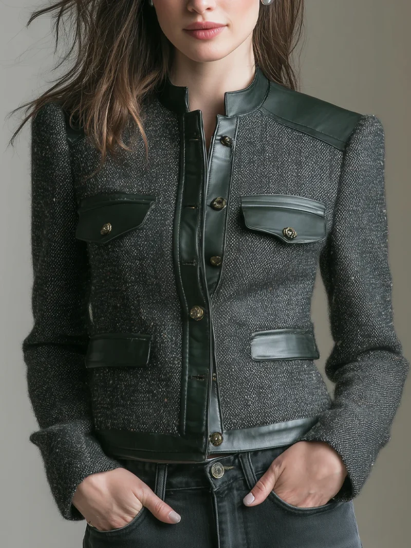 Vintage Eco-Fabric and leather Trim Stand Collar Tweed Jacket